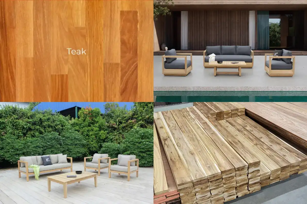 Collage of teak wood furniture: close-up of teak wood grain, modern teak sofa set with gray cushions on a terrace, another outdoor teak seating set in a garden, and stacked raw teak planks ready for production.