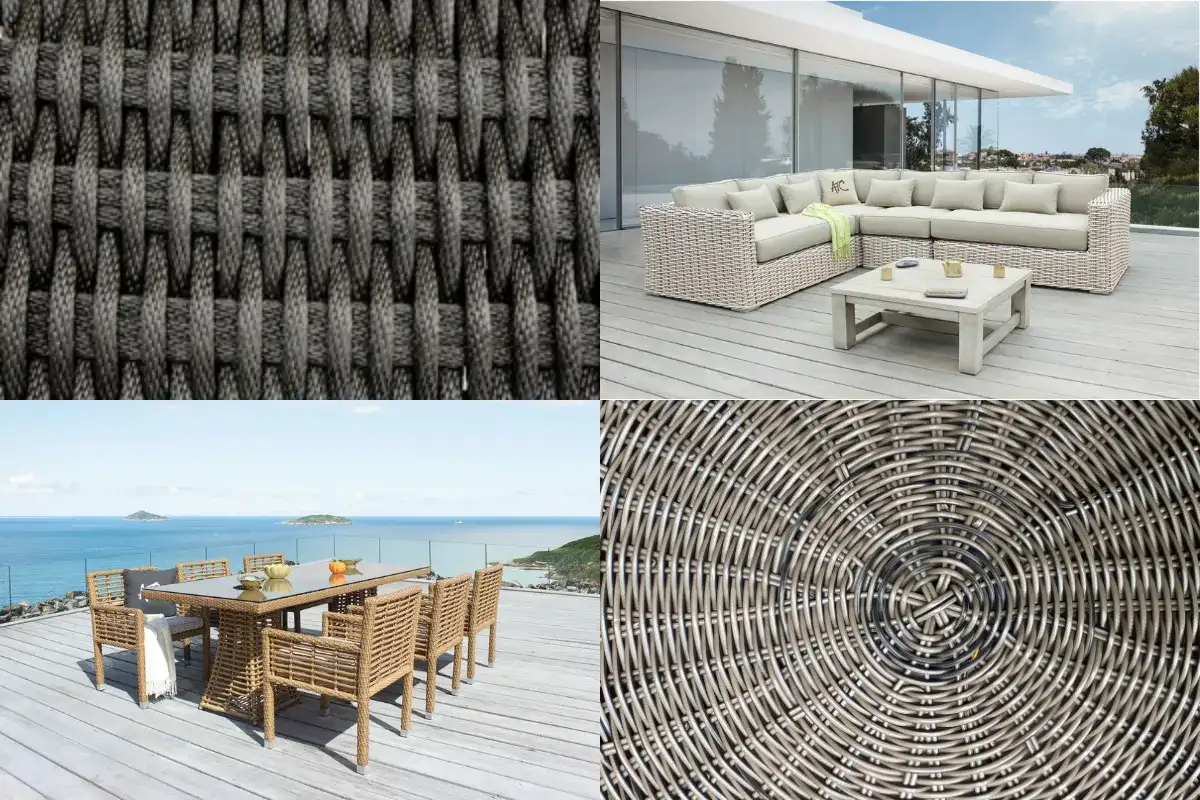 Collage of wicker and rope outdoor furniture: close-up of woven wicker texture, modern sectional sofa set on a terrace, dining table with wicker chairs by the sea, and circular rope weaving pattern.