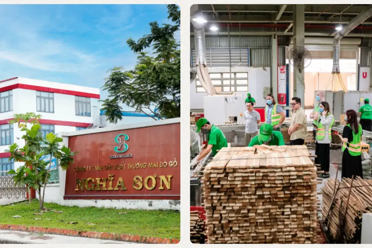 Exterior view of Nghia Son Furniture company sign and a factory scene with workers handling wood materials, reflecting its focus on outdoor wood and wicker furniture production.