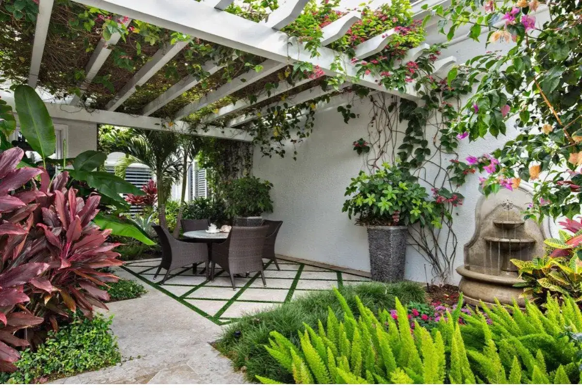 Khu vườn sân thượng nhỏ với cây leo, mái pergola và bàn ghế ngoài trời