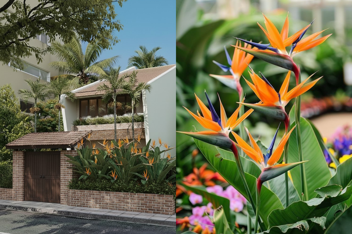 Orange and yellow bird of paradise flowers growing in clusters in a front yard flower bed, with large green leaves and an upright plant form.