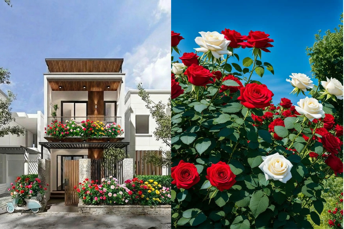 A front yard flower bed planted with blooming red and white roses, creating a striking focal point for the entrance area.