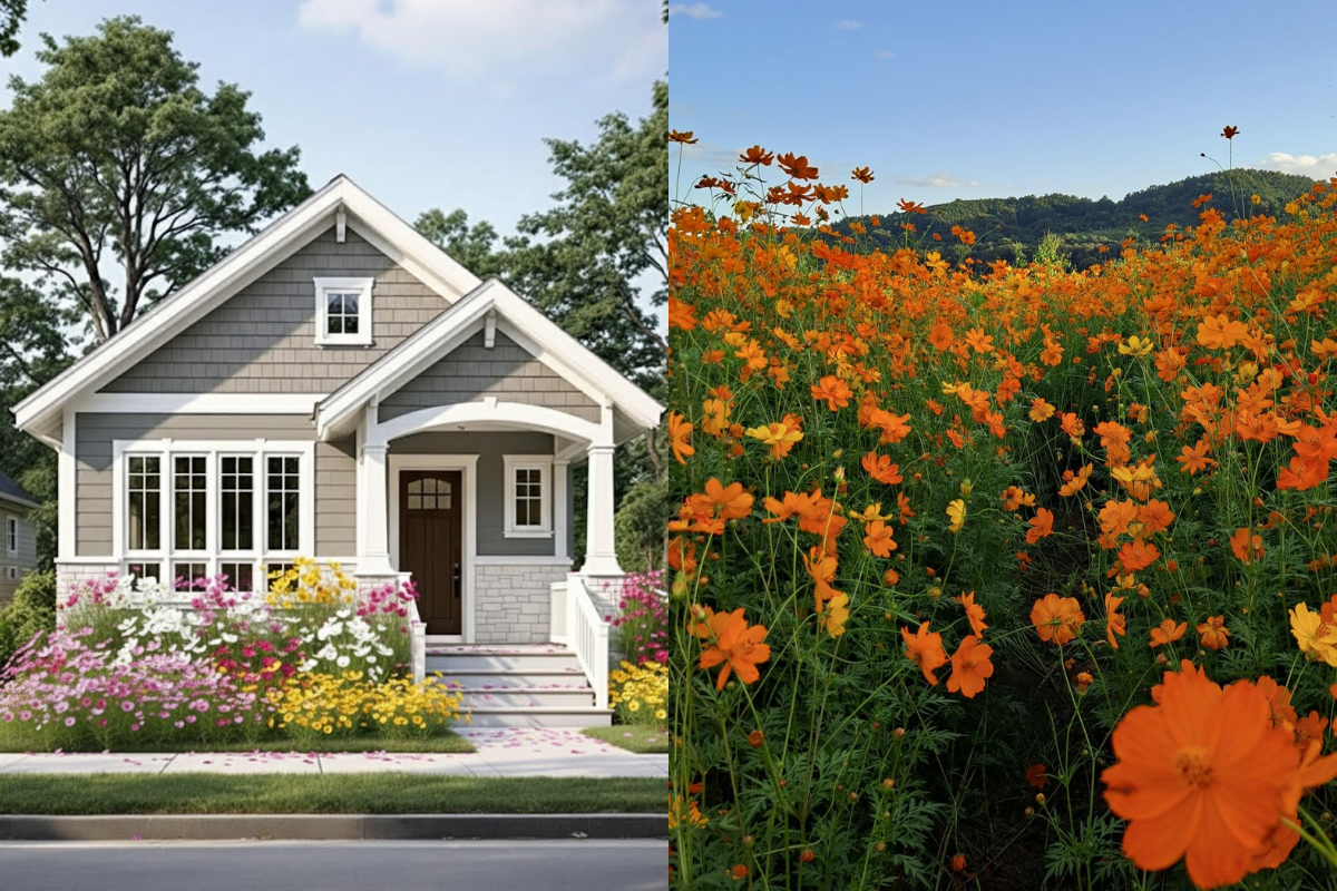 A dense field of orange cosmos flowers, with small blooms on slender stems creating a striking color accent.