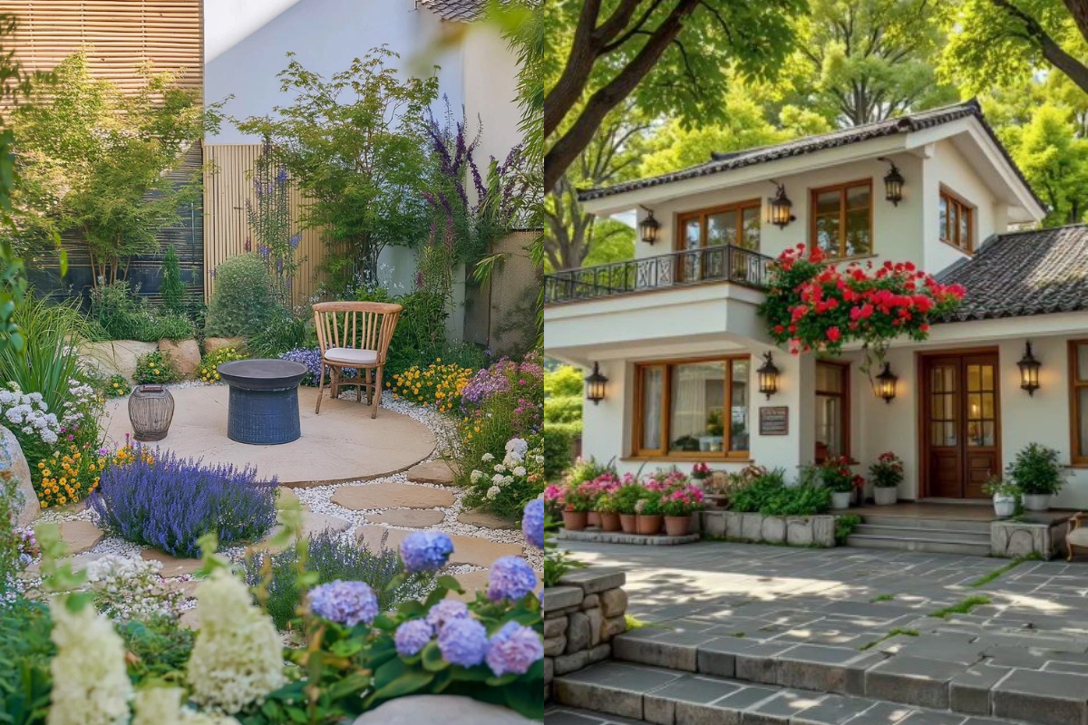 A garden flower bed arranged in a natural style with a stone pathway and a small seating corner, combined with soft-colored flowers around the house.