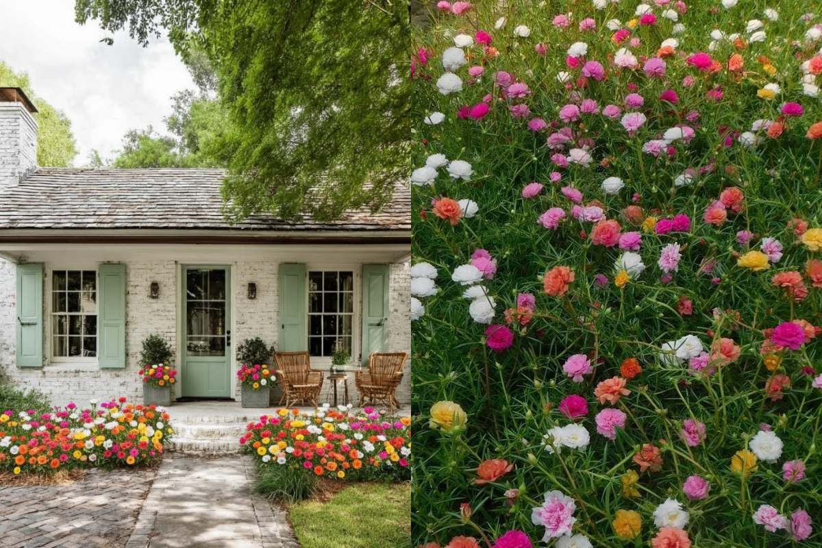 A front yard flower bed planted with dense, multi-colored portulaca blooms, creating a vibrant splash of color around the entrance.