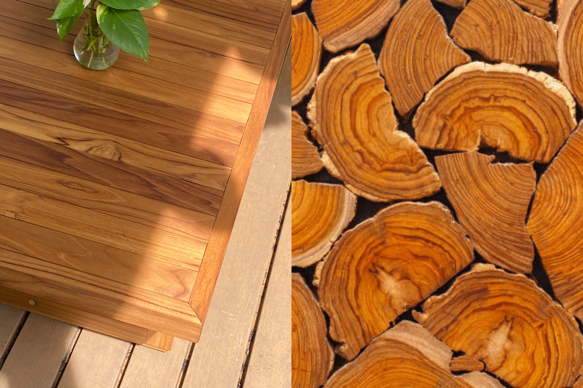 Bề mặt bàn gỗ teak dưới ánh nắng và các lát cắt gỗ acacia xếp chồng, thể hiện vân gỗ và độ bền tự nhiên của hai loại gỗ.