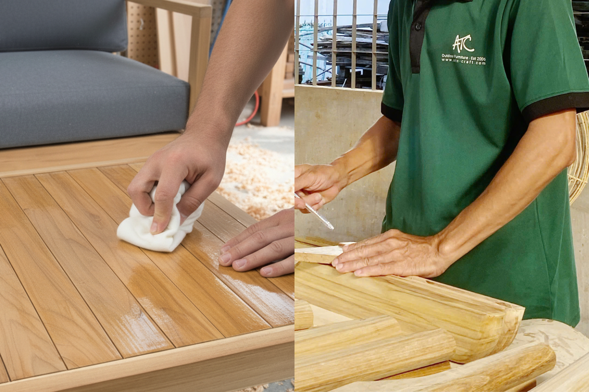 Hai cảnh song song: lau dầu mặt bàn teak và chà nhám khung gỗ, cho thấy quy trình chăm sóc và hoàn thiện gỗ dễ dàng.