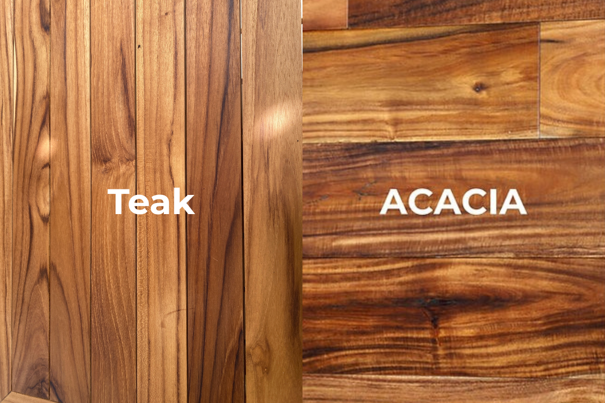Mẫu gỗ teak tông vàng và mẫu gỗ acacia tông nâu đỏ được đặt song song để minh họa đặc điểm thẩm mỹ của từng loại.