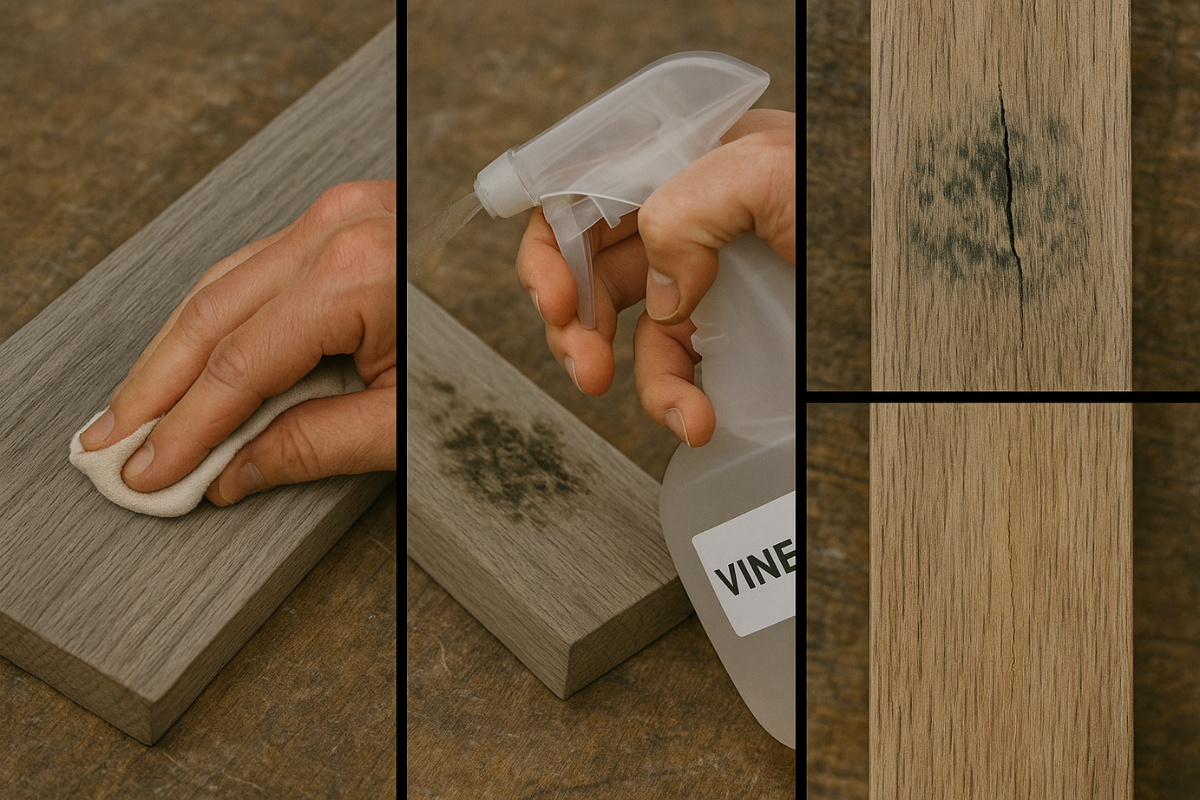 Hình ảnh minh họa ba bước bảo dưỡng gỗ: lau bề mặt bạc màu, xử lý mốc bằng giấm pha loãng và khắc phục vết nứt.