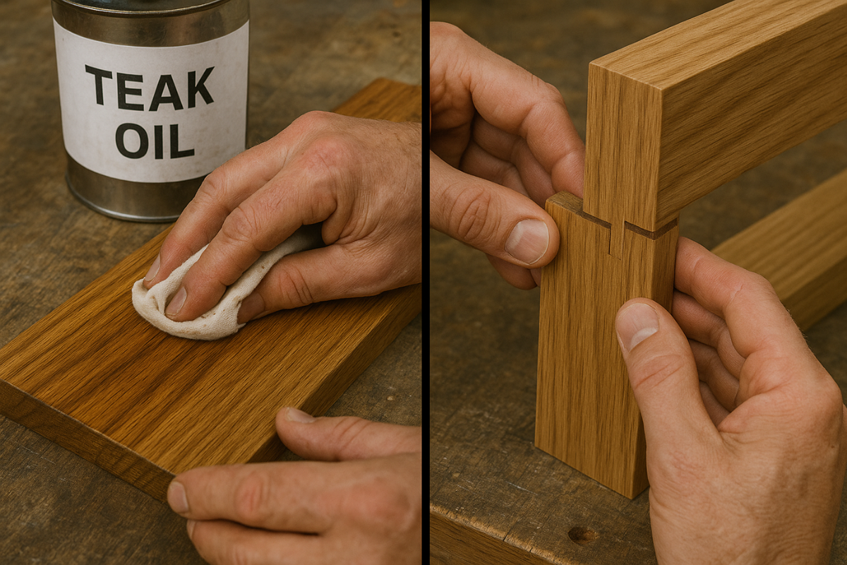 Hình ảnh thoa dầu teak lên bề mặt gỗ và kiểm tra, siết lại các khớp nối gỗ trong quá trình bảo dưỡng hằng năm.