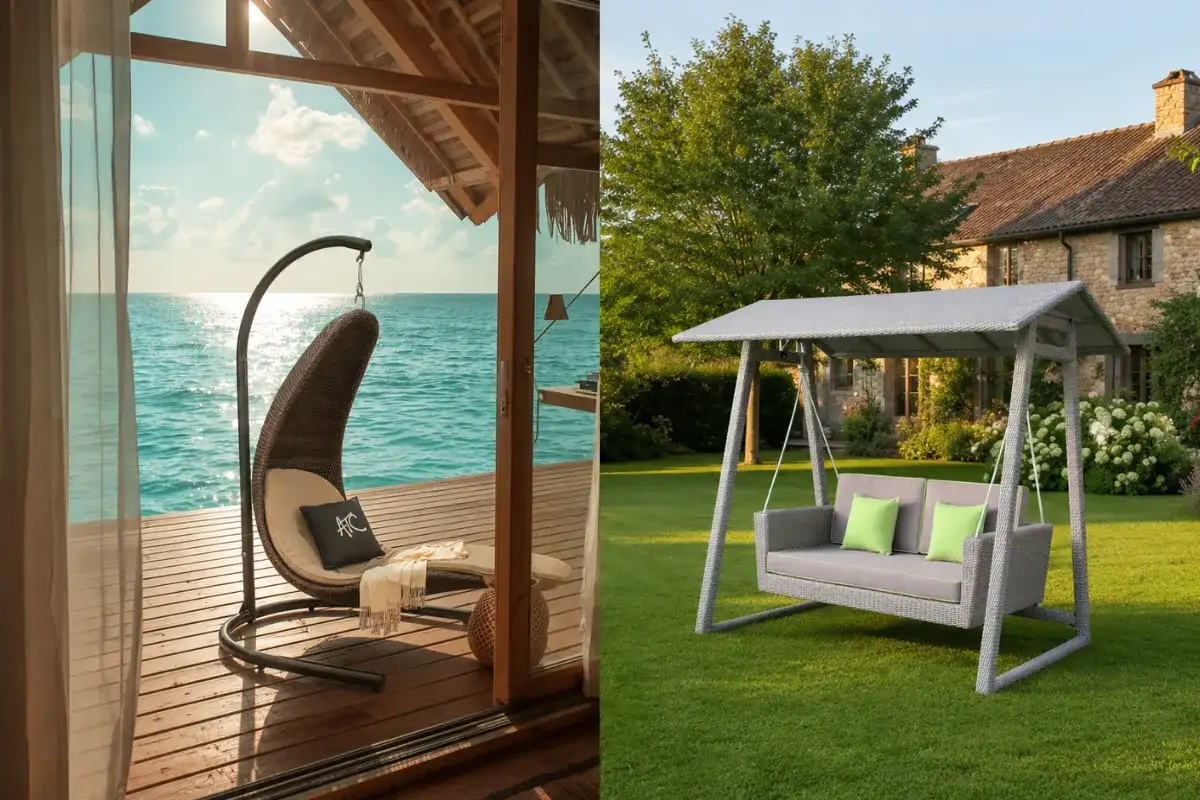 So sánh xích đu ngoài trời với ghế treo mây nhựa bên biển và xích đu mây có mái che trong sân vườn villa