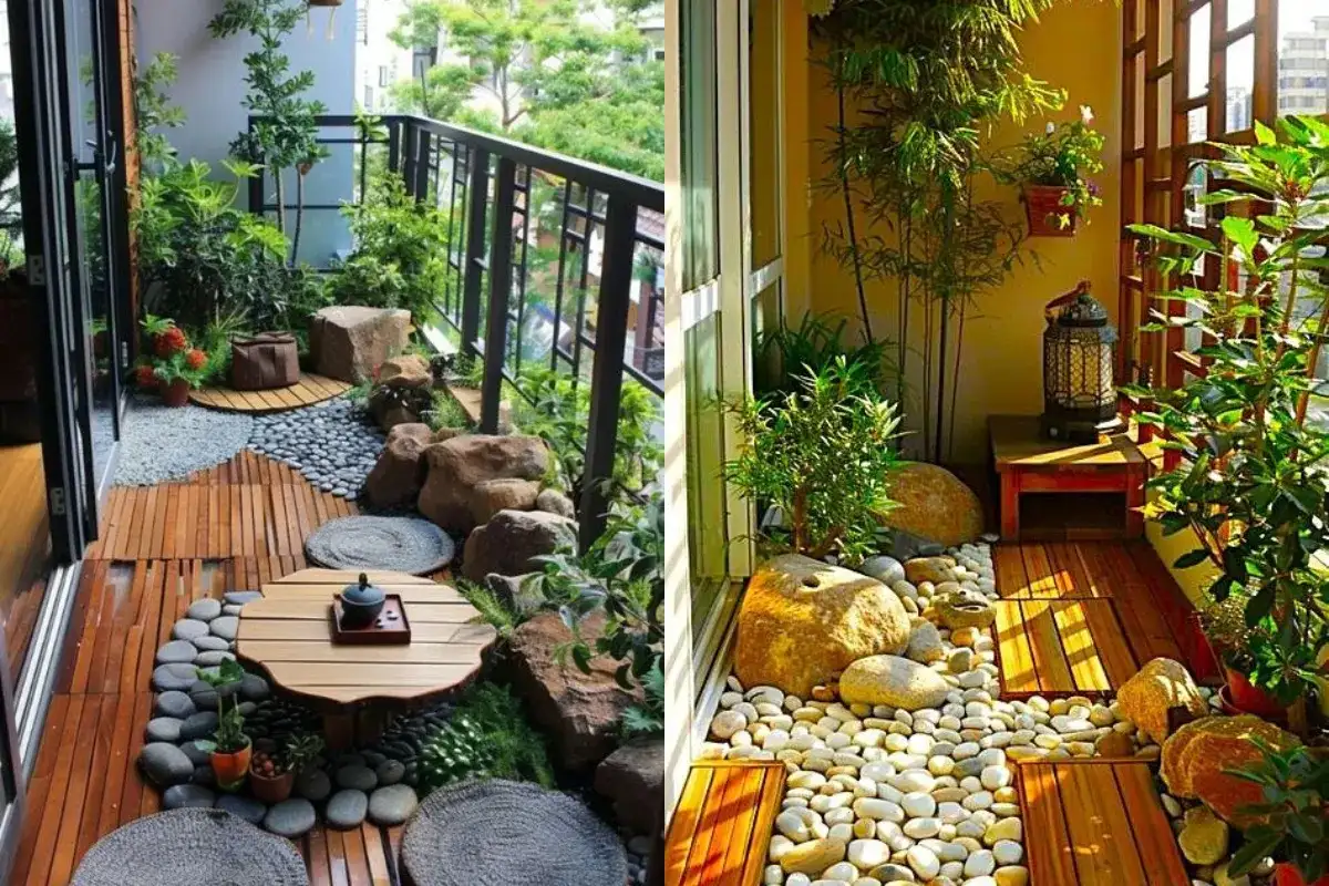 Ban công phong cách Nhật với sỏi trắng, bàn trà thấp, lối đi gỗ và nhiều cây xanh