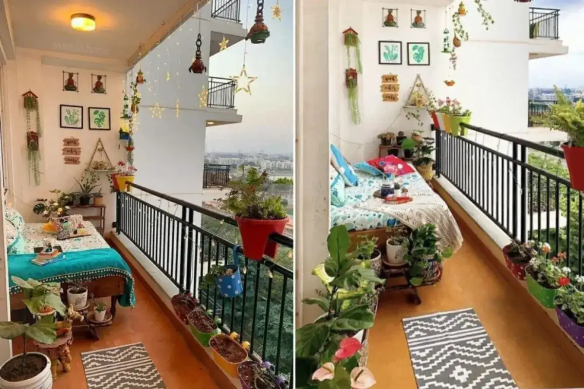 Ban công ấm cúng trang trí bằng tranh canvas, cây treo, đèn dây và giường thư giãn với gối màu sắc