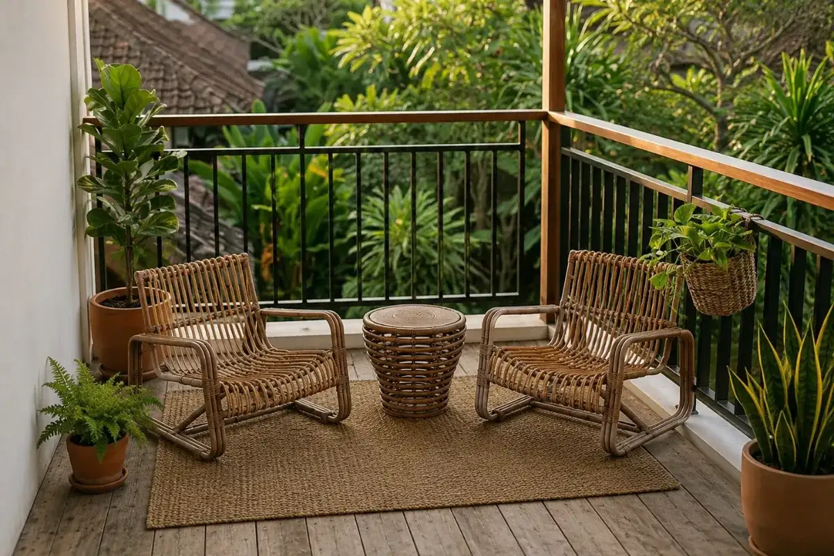 Bộ bàn trà mini mây nhựa ngoài trời gồm hai ghế đan và một bàn tròn nhỏ đặt trên ban công, tạo nên góc thư giãn ấm cúng