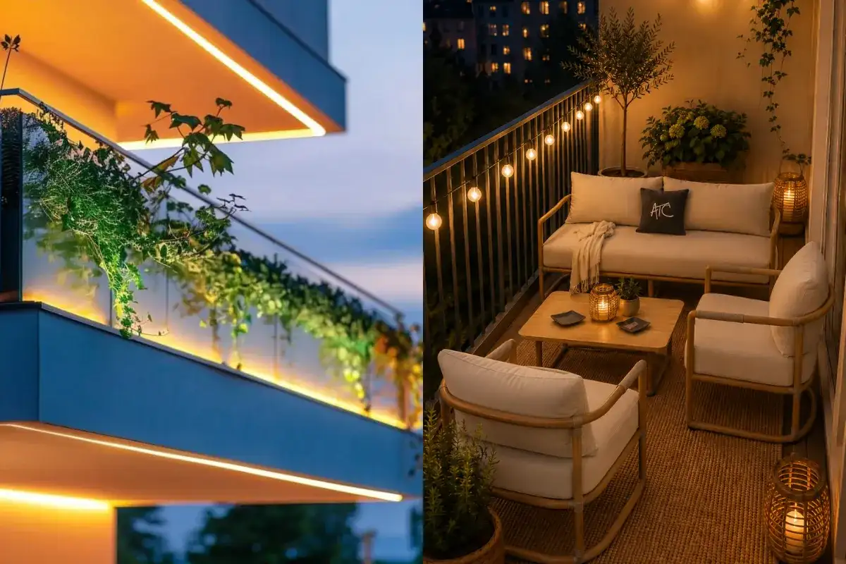 Đèn led dây bố trí dọc lan can ban công kết hợp cùng góc ngồi thư giãn ngoài trời tạo nên không gian đêm lung linh và ấm áp