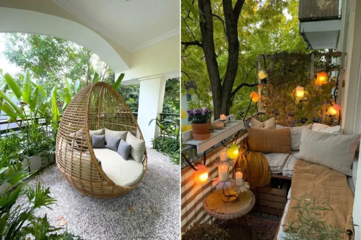 Ban công rộng được bố trí như một góc spa riêng tư với ghế thư giãn dáng tổ kén bằng mây đan, nhiều cây xanh, đệm êm và góc ngồi ấm cúng dưới ánh đèn dịu nhẹ