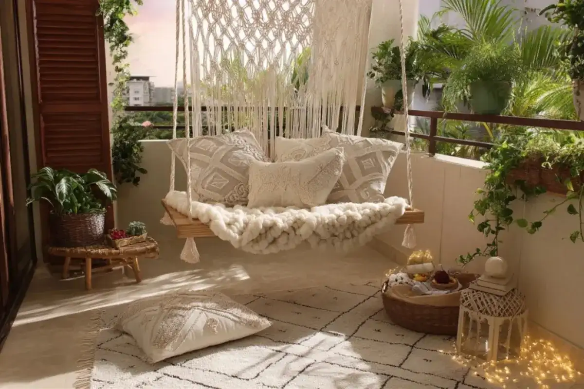 Ban công phong cách Boho với xích đu treo, gối mềm, thảm dệt, đồ macrame, đèn ấm và cây xanh