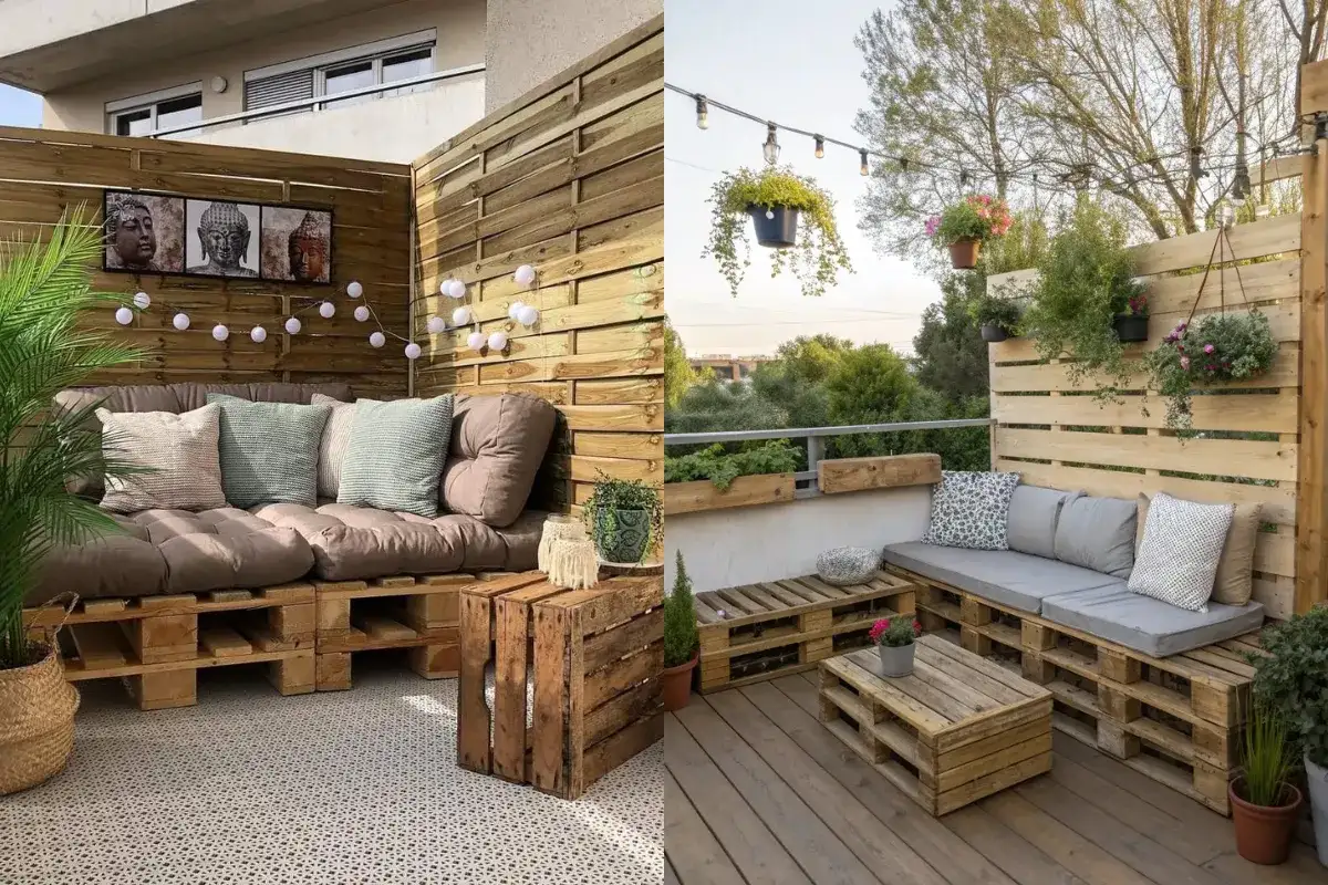 Sofa ban công làm từ pallet gỗ với đệm dày, vách gỗ mộc, cây treo và đèn dây ấm áp