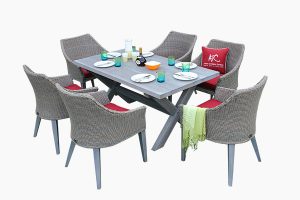 Garden poly wicker chairs and wooden table dining set