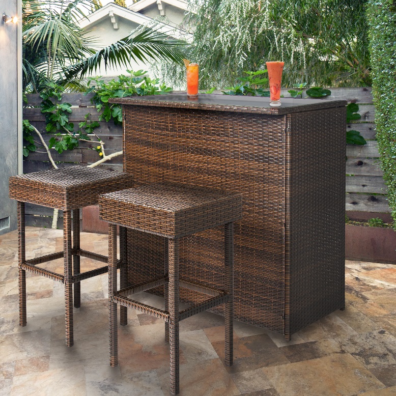 Outdoor wicker bar table and stools