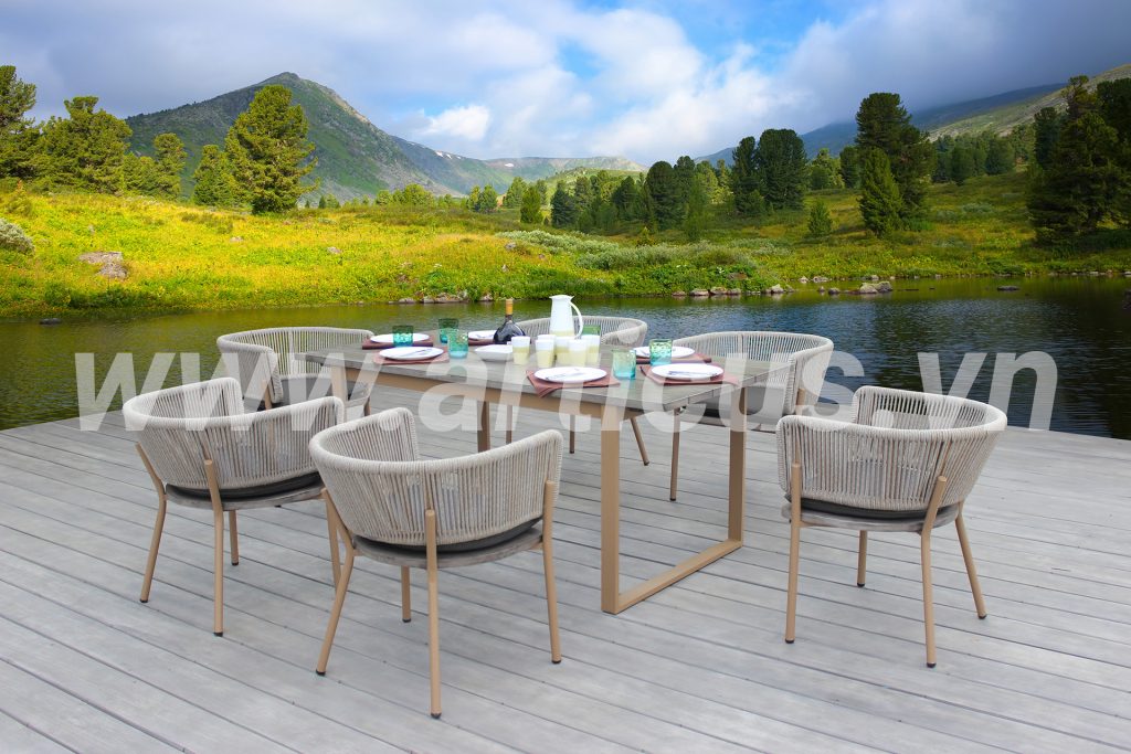 2022 Furniture Spotlight 6 Seaters Outdoor Rope And Wood Top Dining Table