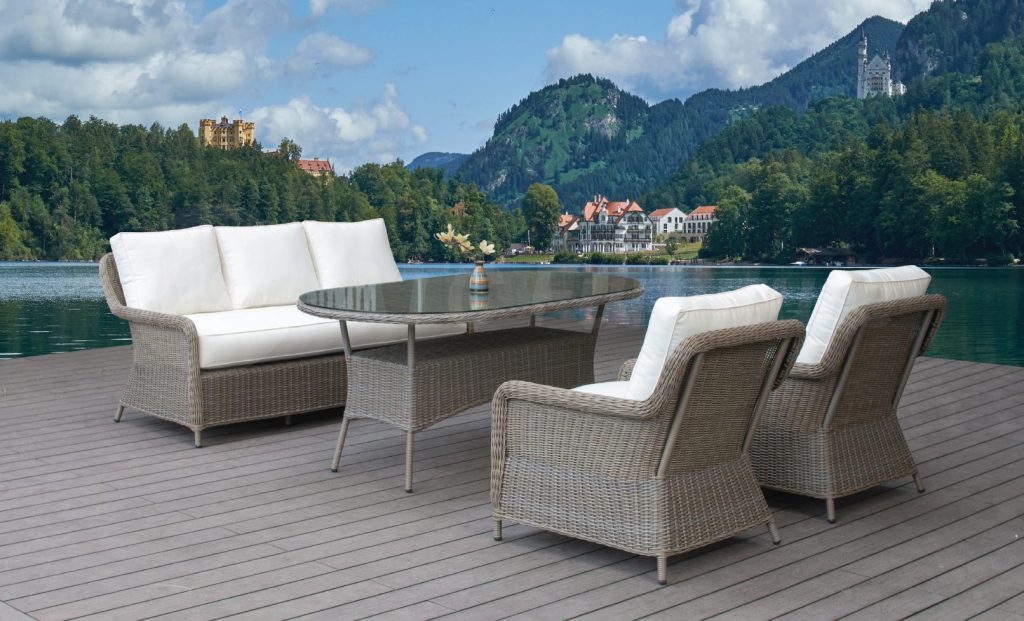 The unique deck furniture combines a dining set and a sofa set