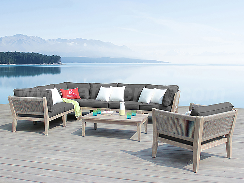 Wooden Frame Outdoor Rope Woven Sectional Sofa Set