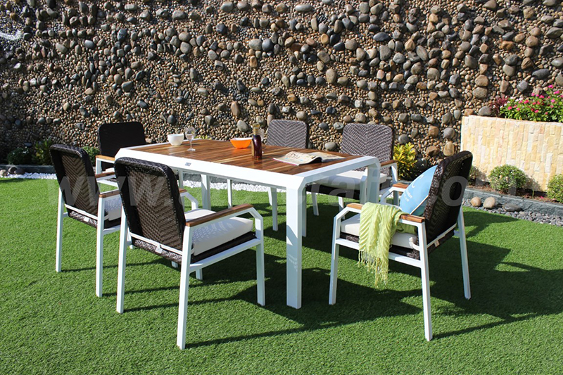 Modern resin rattan dining set with six dining chairs