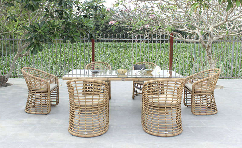 Outdoor table and chairs made from bamboo imitation plastic