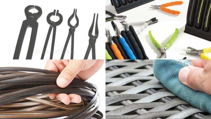 Tools and materials for wicker furniture repair, including pliers, wire, and cleaning cloth