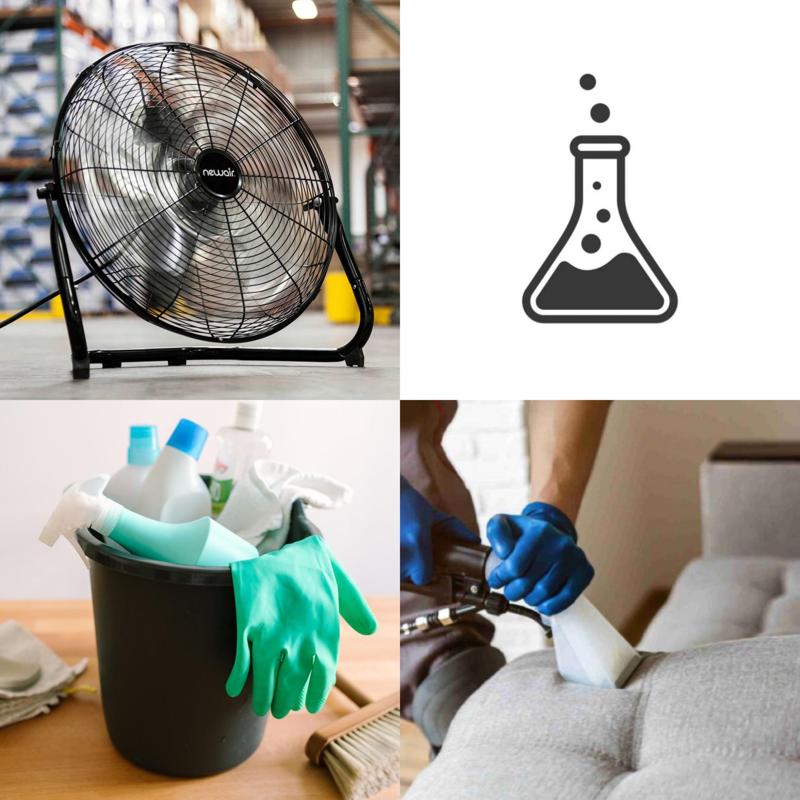 Collage of items used for cleaning patio furniture, including a fan, cleaning gloves, spray bottles, and a fabric cleaning process